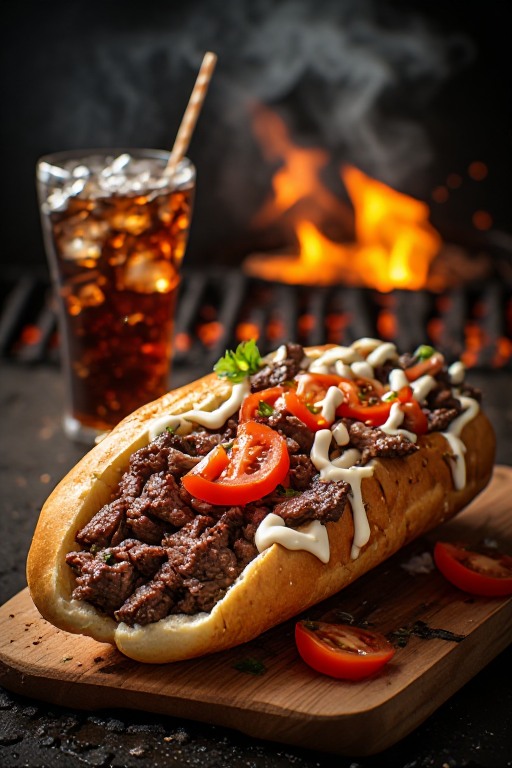 Churrasco grego de carne no pão de cachorro quente